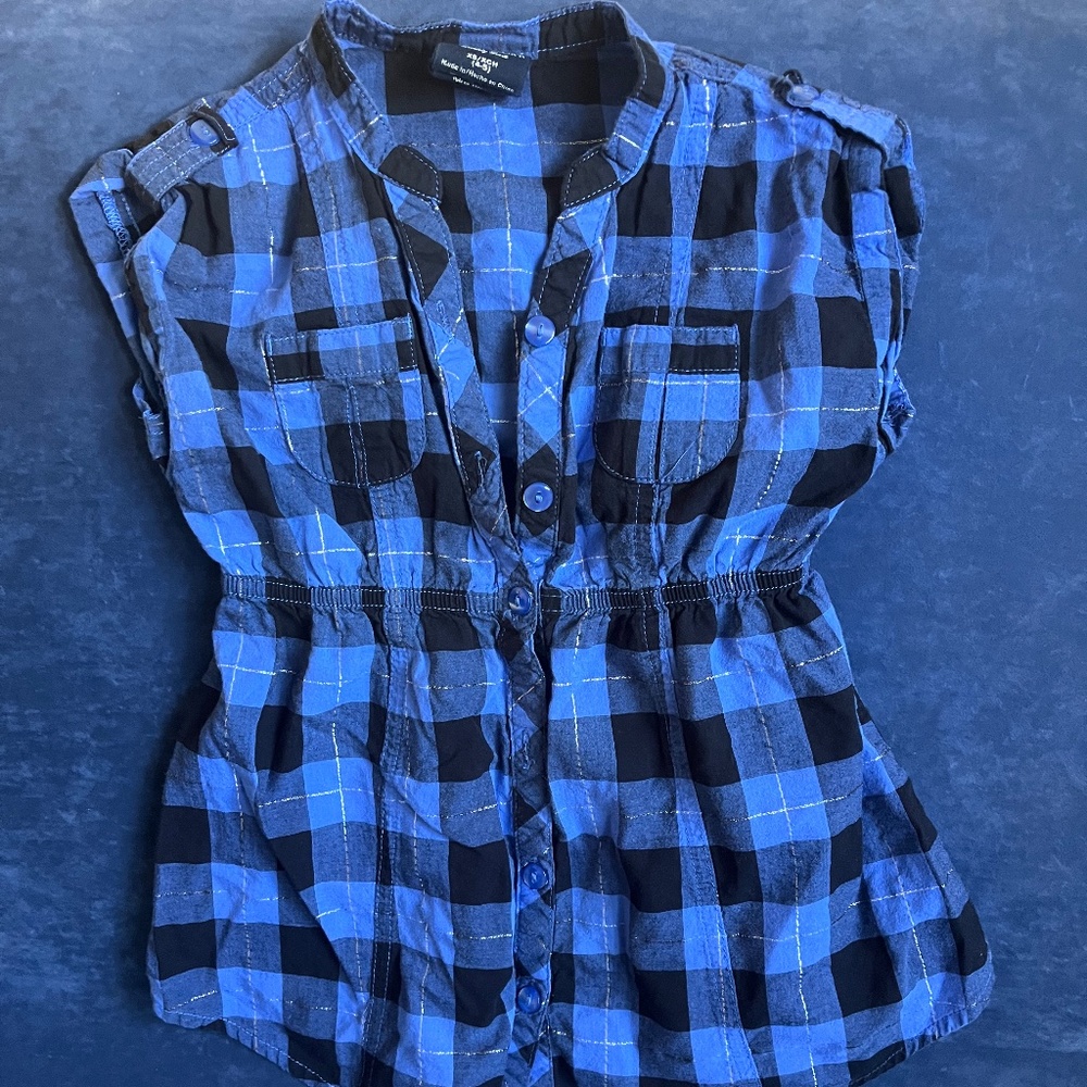 Girls 4/5T Button down Black & Blue Plaid dress shirt